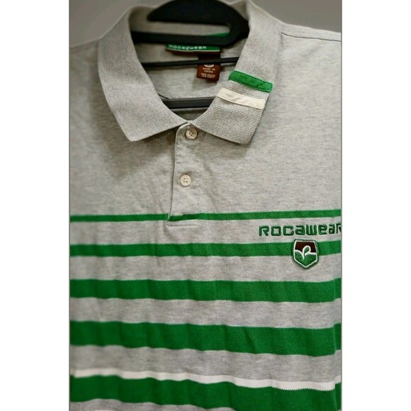 Vintage Y2K Rocawear 2XL Gray Green Stripe Polo Shirt Hip Hop Streetwear - Picture 4 of 8